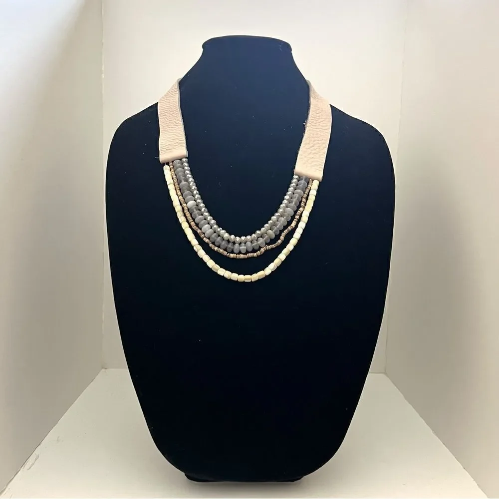Multi Layered Semi Precious Stone Beaded Leather Strap Necklace, Tan/Grey
